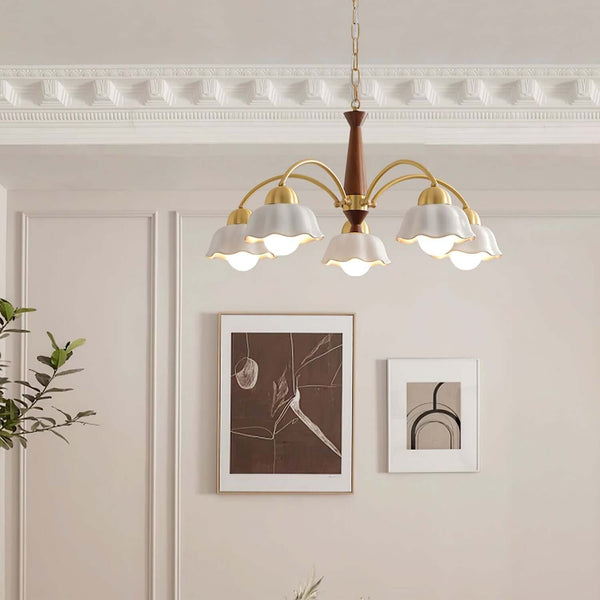 Lustre Chandelier – Mid-Century Brass & Walnut 5-Light Pendant | Alsolight