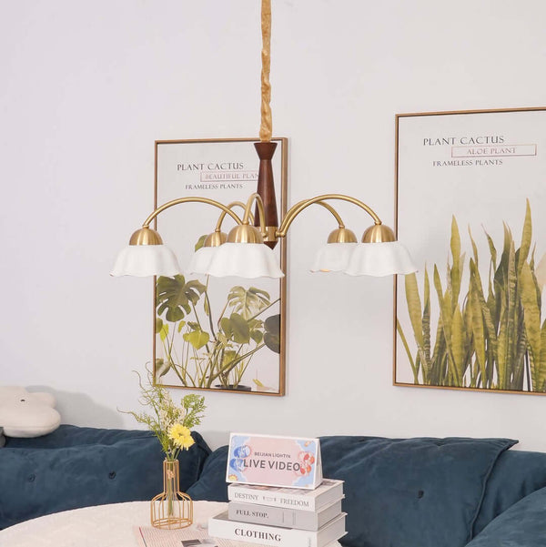 Lustre Chandelier – Mid-Century Brass & Walnut 5-Light Pendant | Alsolight
